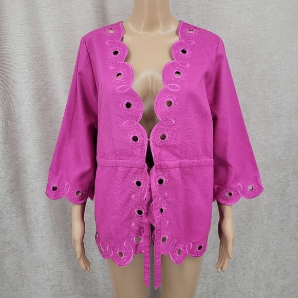 Bob Mackie Y2K Pink Eyelet Kimono Cardigan Cinched Waist Cotton Jacket NEW - Picture 2 of 10